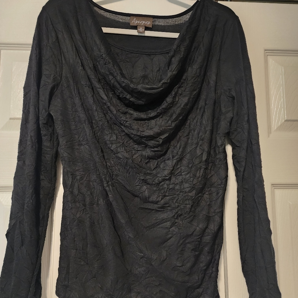 Apropos black lightweight sweater size medium. Crew neck with cowl neck beneath.